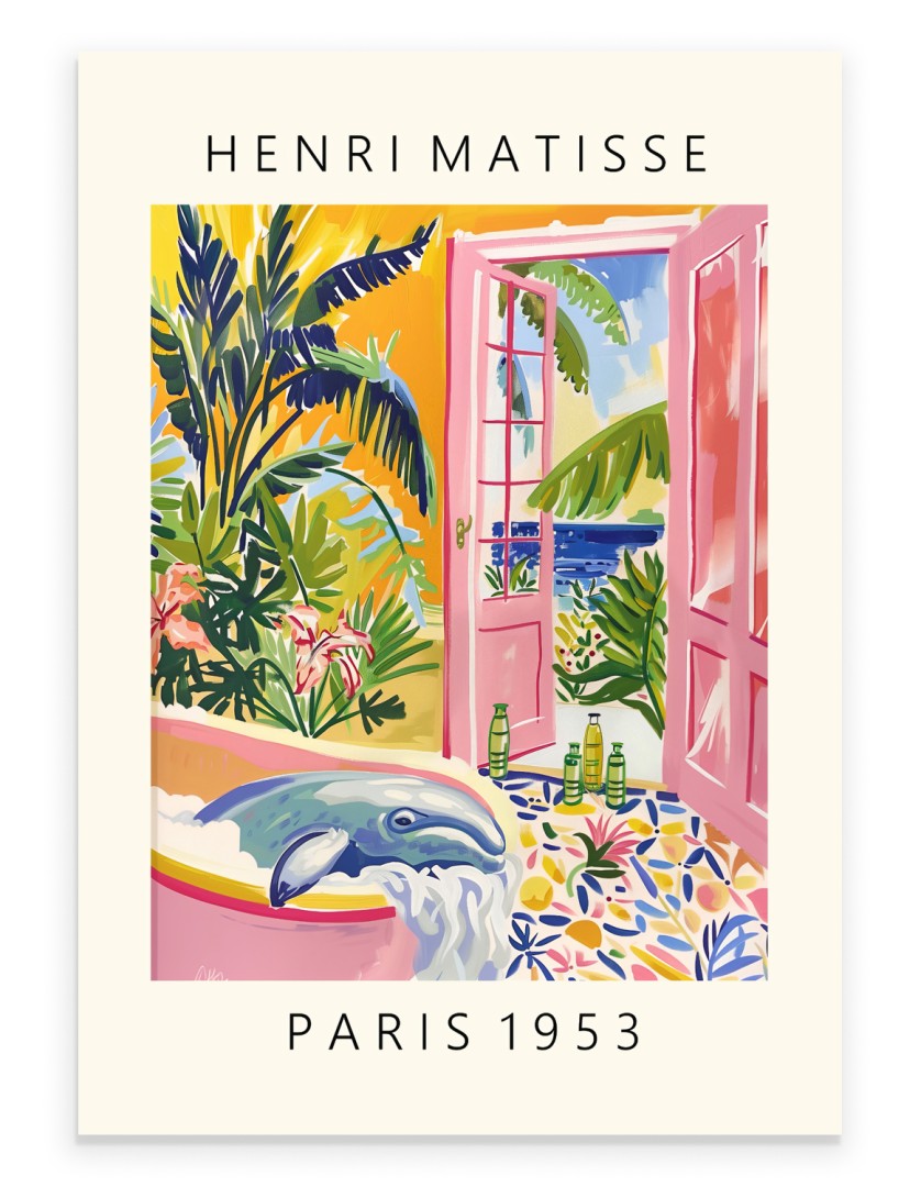 Framed art print of a whale in a pink bathtub overlooking a tropical ocean view, inspired by Henri Matisse.