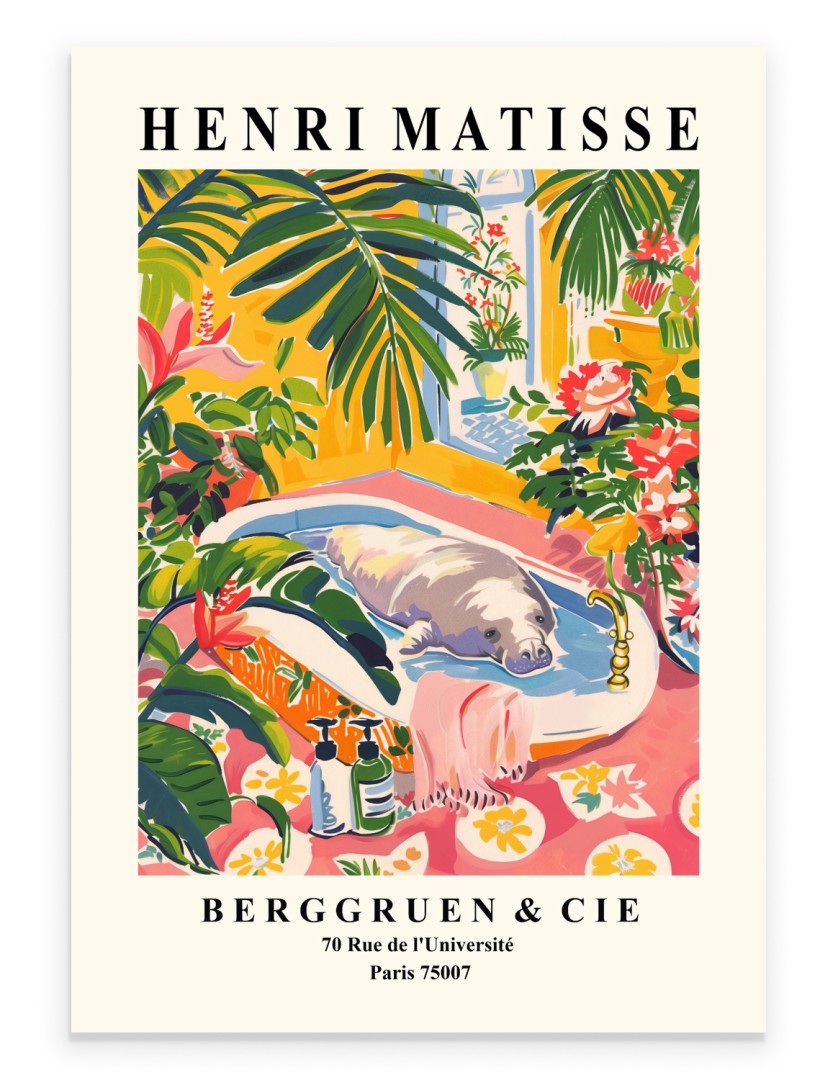 Playful manatee bathing scene in Henri Matisse inspired style with bold strokes, greenery, and floral charm - colorful bathroom print for decor