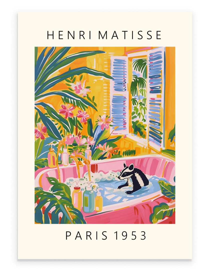Henri Matisse style art print of a skunk in a pink bathtub surrounded by tropical plants.
