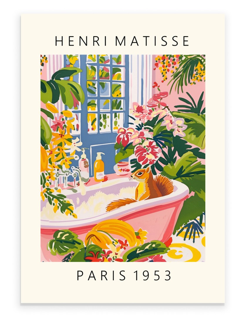 Matisse inspired art print featuring a squirrel in a pink bubble bath surrounded by tropical plants.