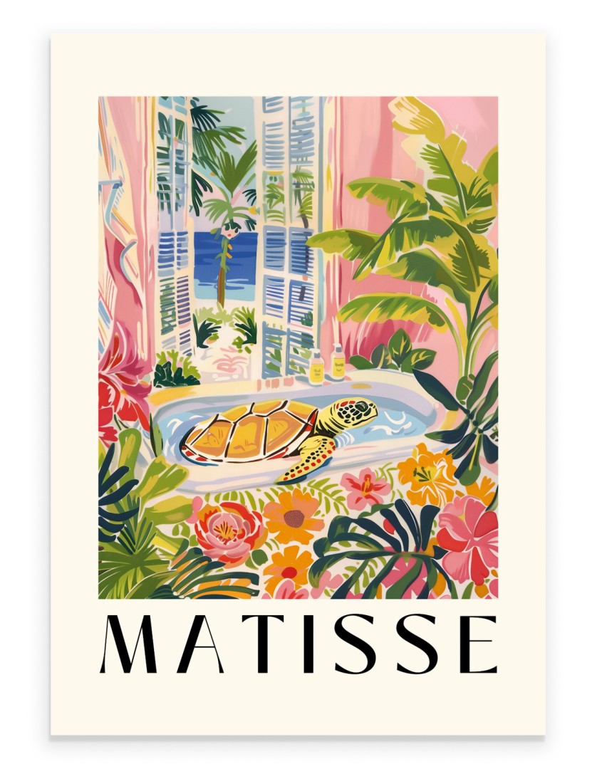 Matisse style art print of a turtle in a colorful tropical bathtub scene.