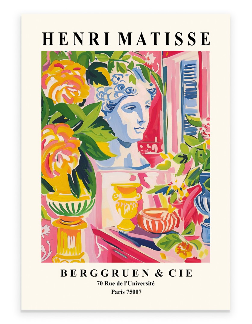 Colorful Matisse-style art print of a classical bust with vases and flowers.