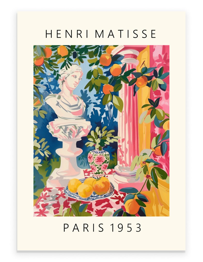 Matisse-style art print featuring an ancient Greek statue with oranges and columns.