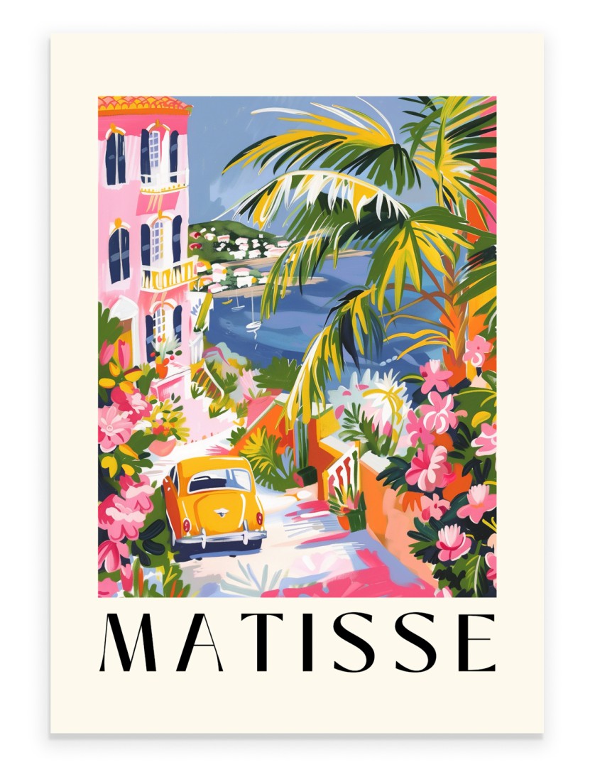 Matisse-style art print of a yellow car on a Mediterranean coastal road.