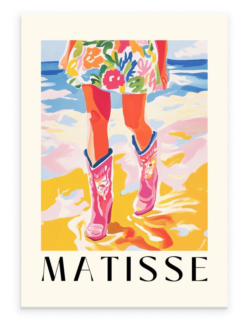 Matisse inspired beach scene art print with pink cowboy boots