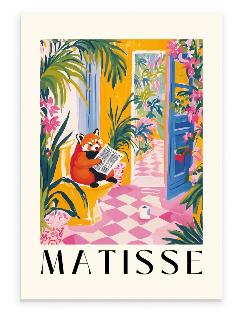 Red panda reading a newspaper on a yellow toilet in a tropical bathroom.