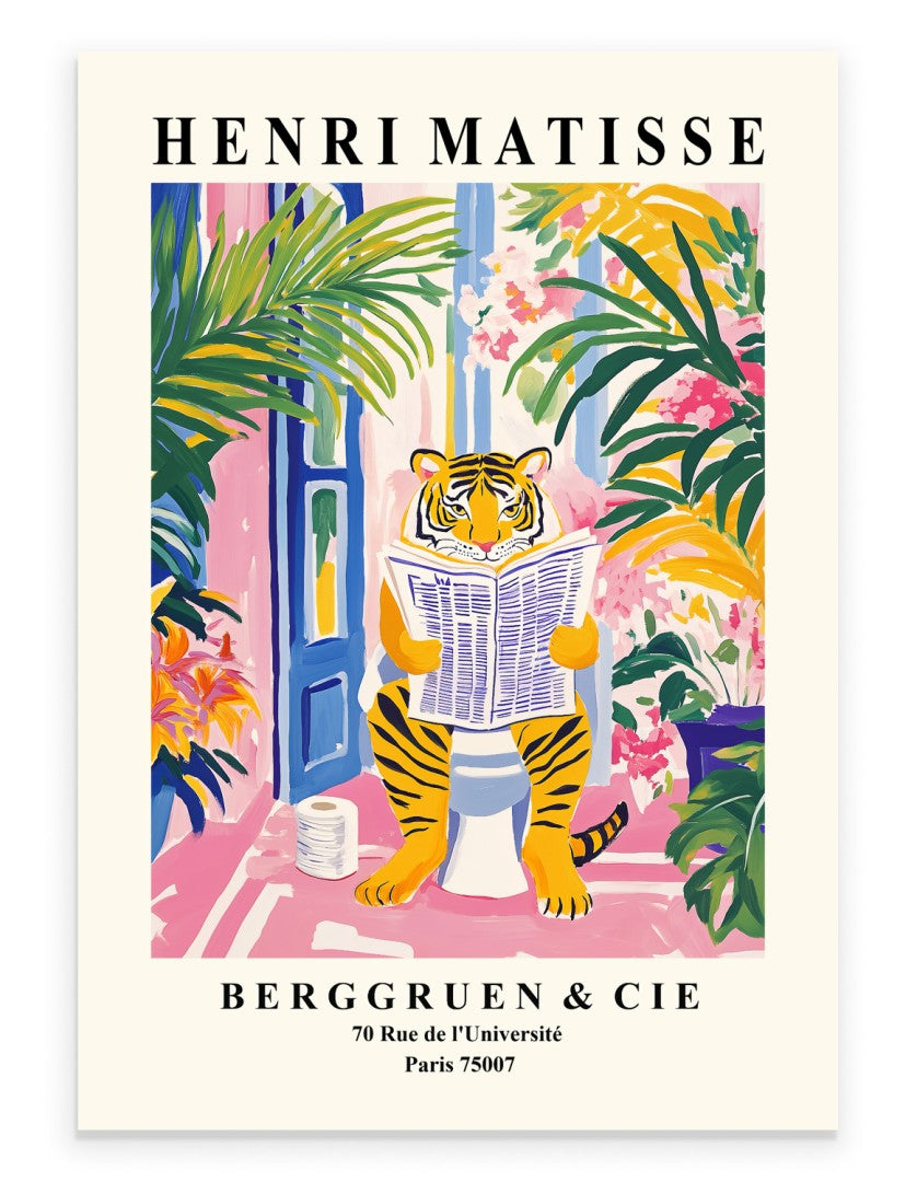 Tiger sitting on a toilet reading newspaper - Matisse style art print.