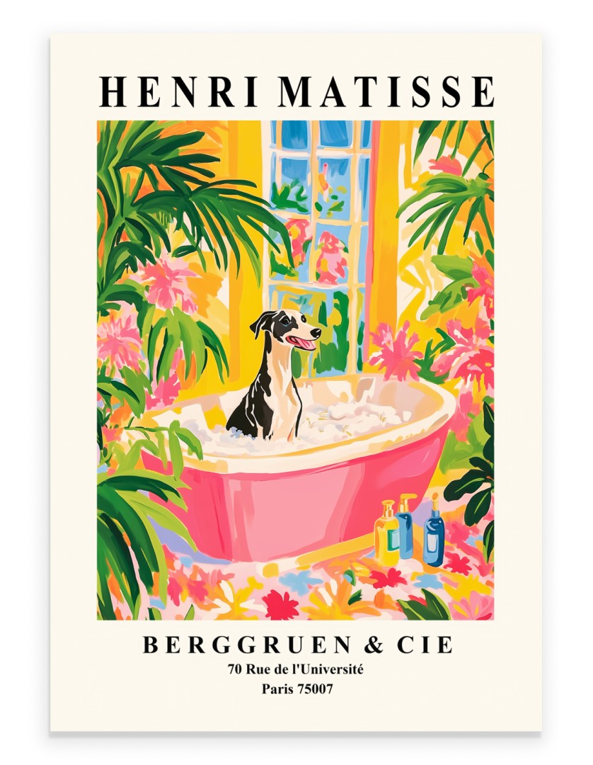 Greyhound in a bubble bath inside a pink tub with tropical plants.