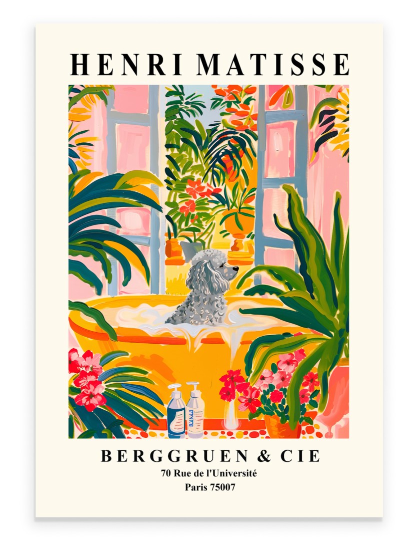 Poodle sitting in a golden bathtub surrounded by tropical plants - art print.