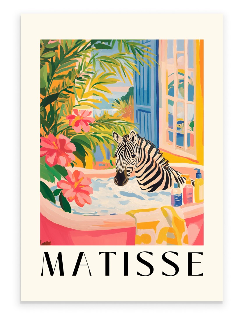 Zebra in a bathtub with plants and flowers, Matisse-inspired bathroom art print.
