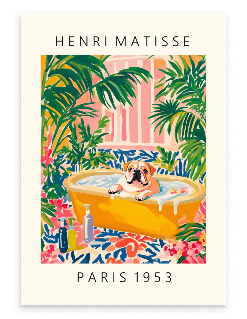 Matisse inspired Bulldog in yellow bathtub bathroom art print
