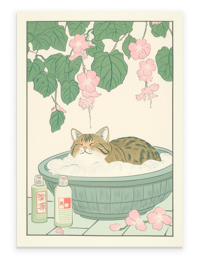Japanese cat in bath print