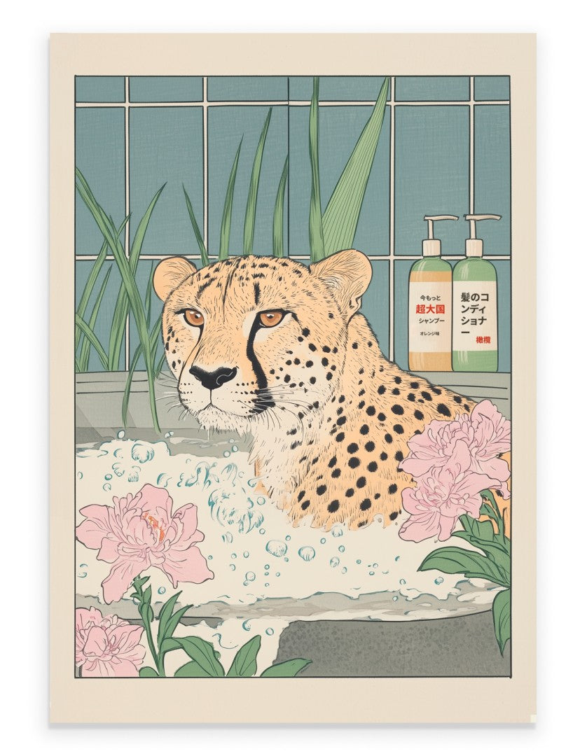 Cheetah lounging in a steamy Japanese floral bath with greenery