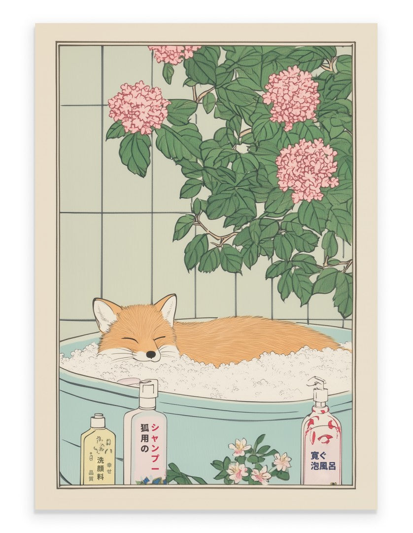 Fox resting in a Japanese bath surrounded by soft flowers and green leaves