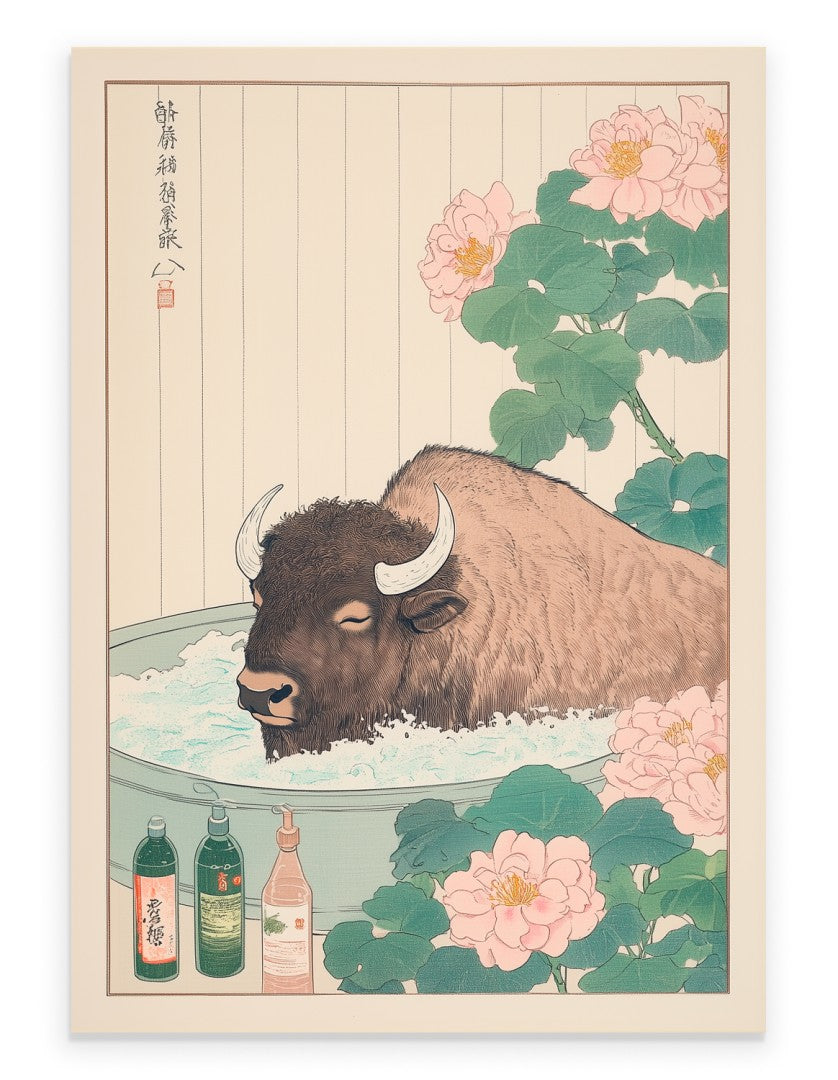 Bison soaking in a Japanese floral bath with blossoms and soft background