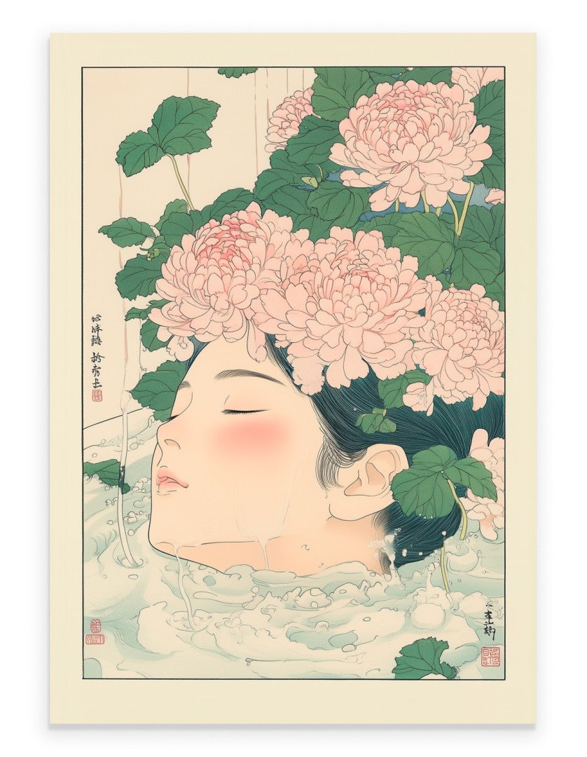 Woman relaxing in a floral Japanese bath with soft petals and muted tones