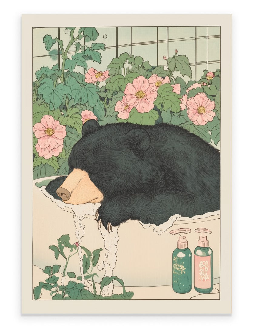 Black bear soaking in a flower bath, perfect for cozy bathroom wall art