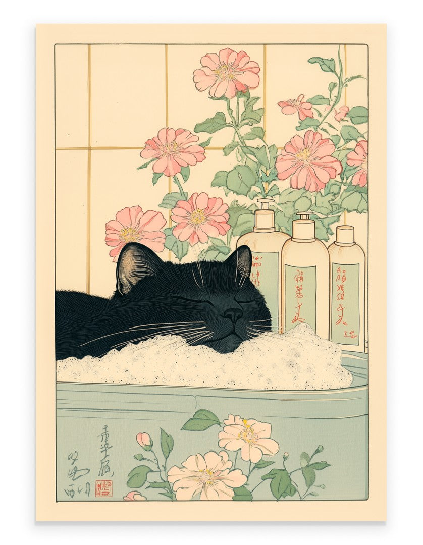 Entspannende japanische schwarze Katze in der Badewanne