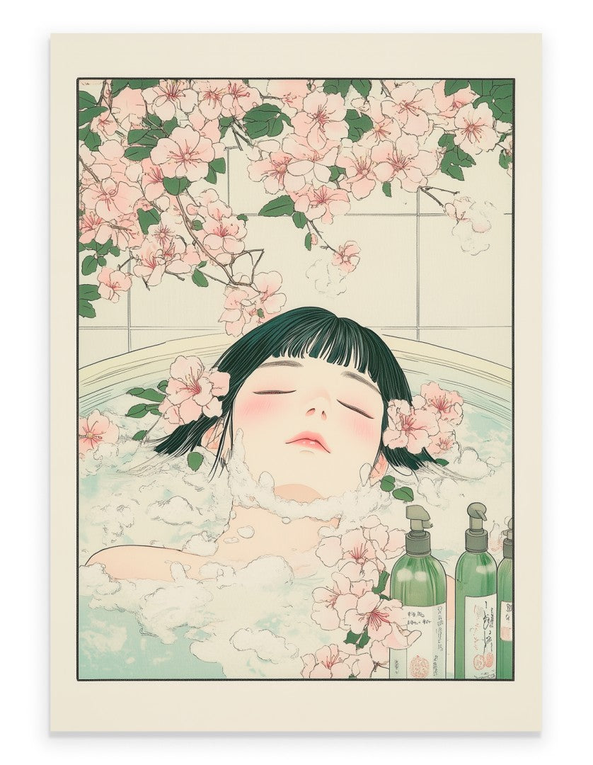 Woman resting in a Japanese-style floral bath surrounded by petals and soft colors