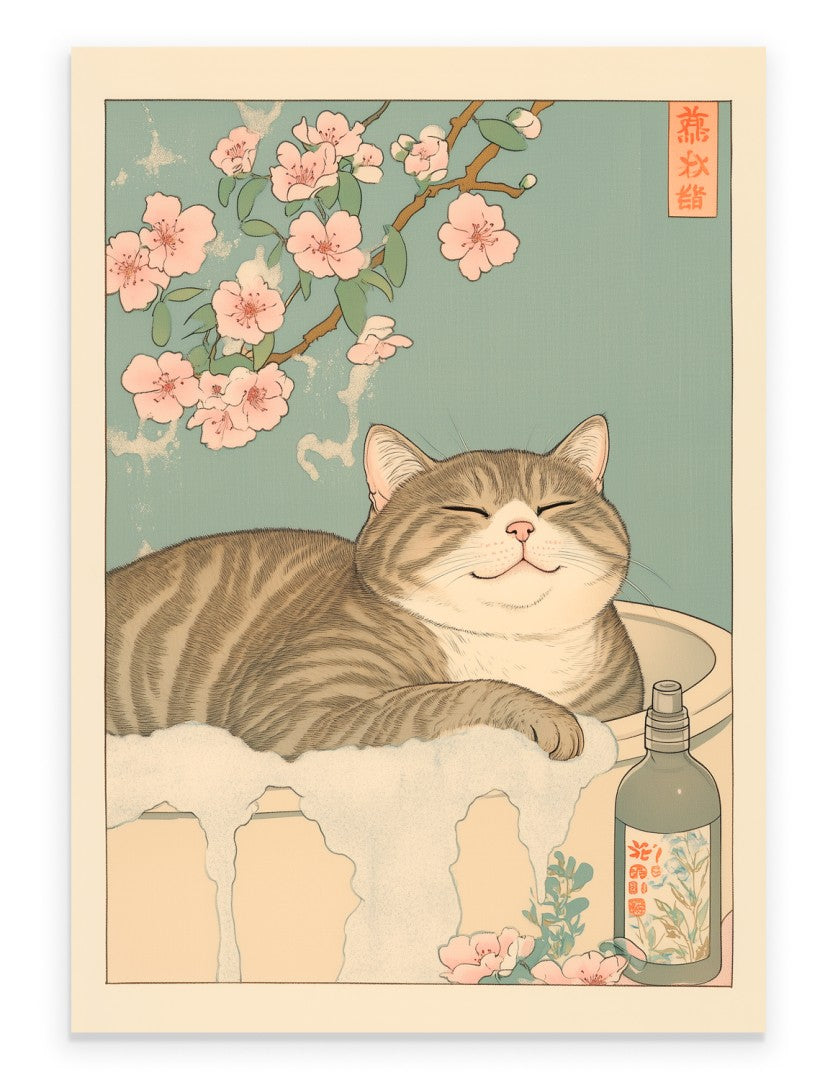 Japanese bathroom print with a tabby cat