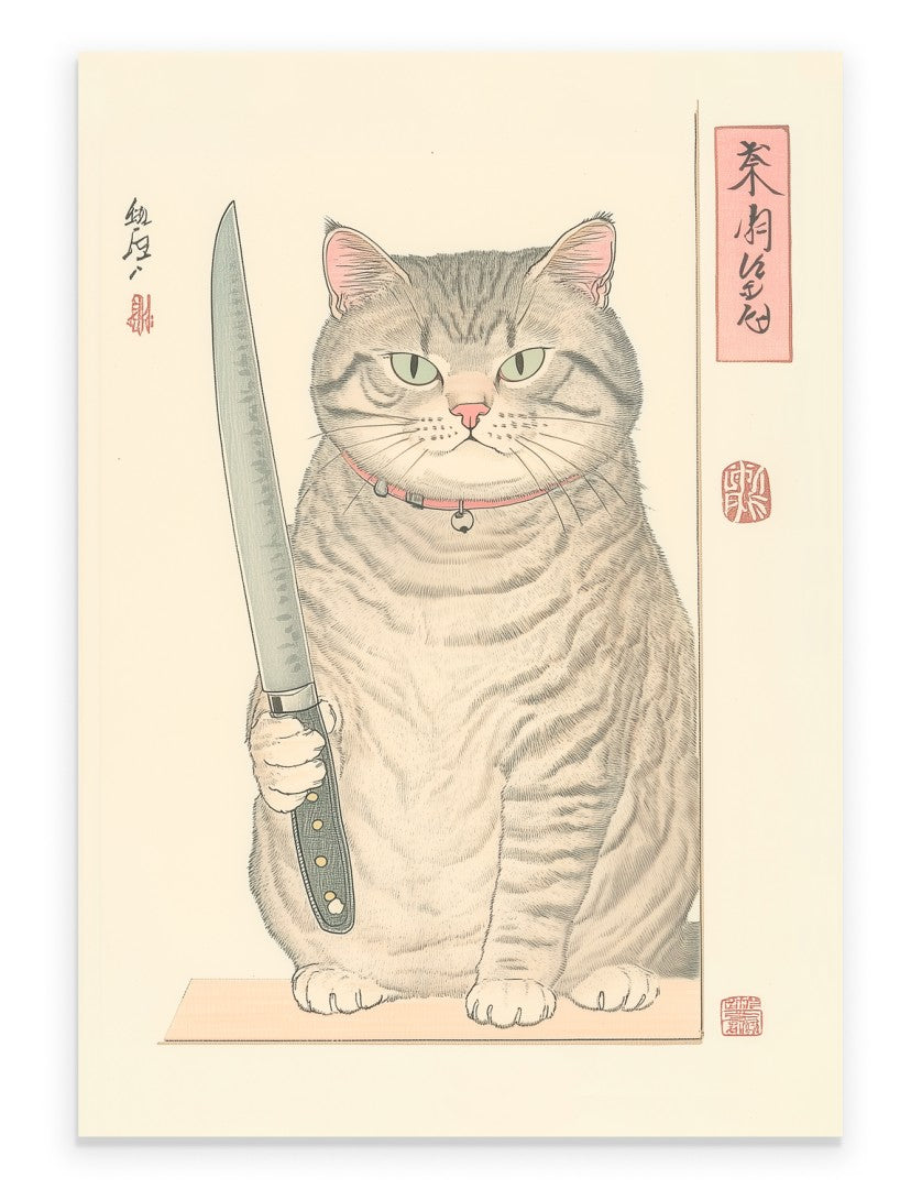 Japanese-style art print of a tabby cat holding a kitchen knife with a stern expression