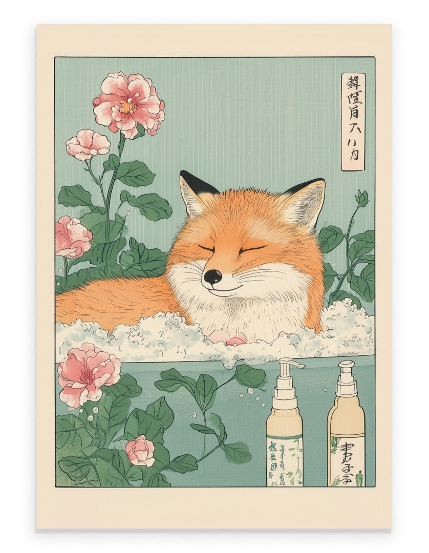 Fox resting in a Japanese floral bath with soft blossoms and warm light