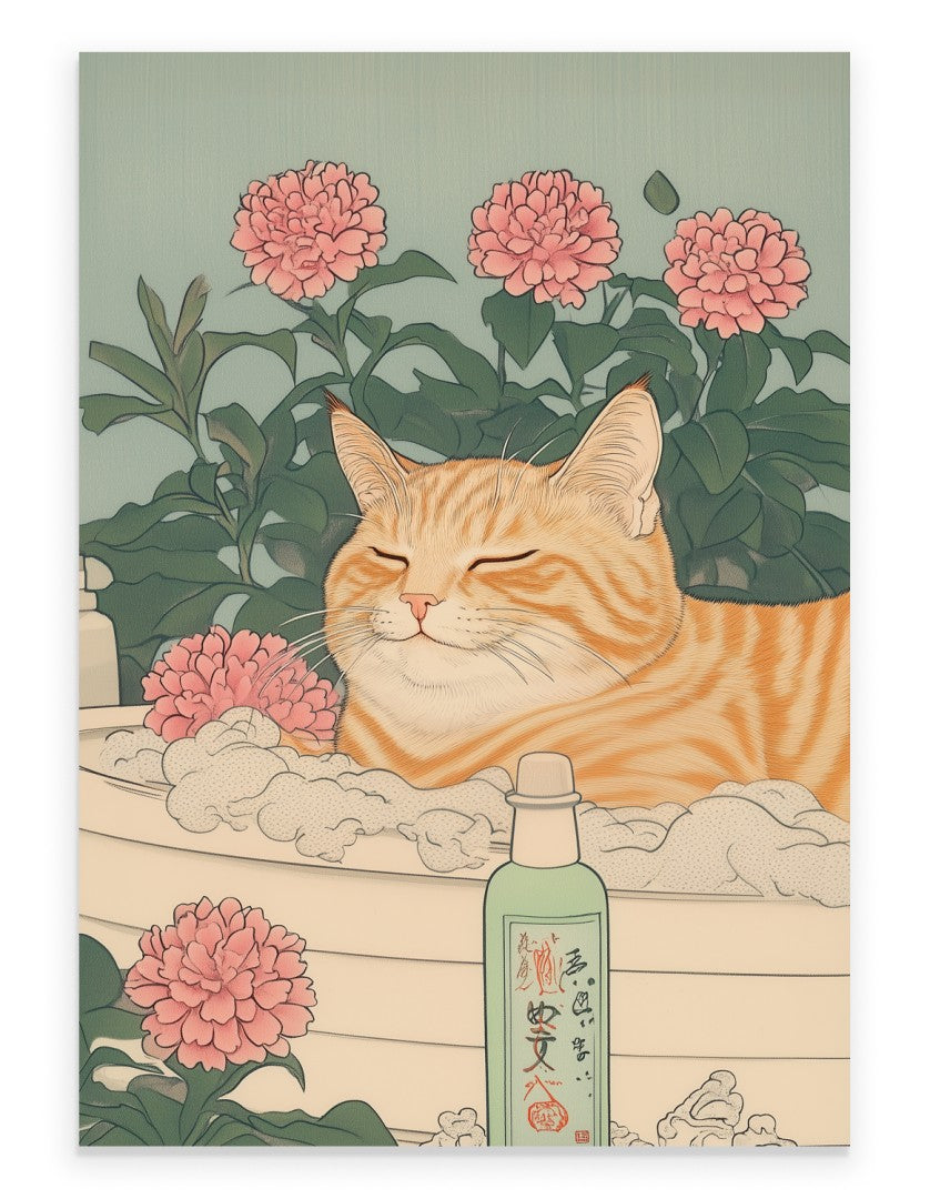 Orange tabby cat art print in Japanese style