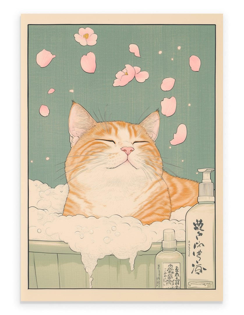 Zen-inspired bathroom wall art with a peaceful tabby cat in a floral bath, perfect for cat lovers