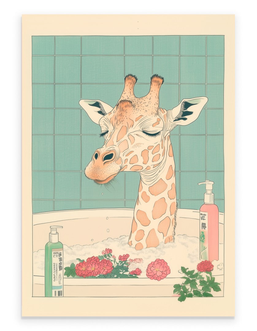 Giraffe sitting in a Japanese floral bath surrounded by soft petals