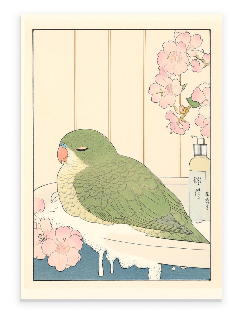 Parakeet soaking in a Japanese floral bath with pastel tones and botanical elements