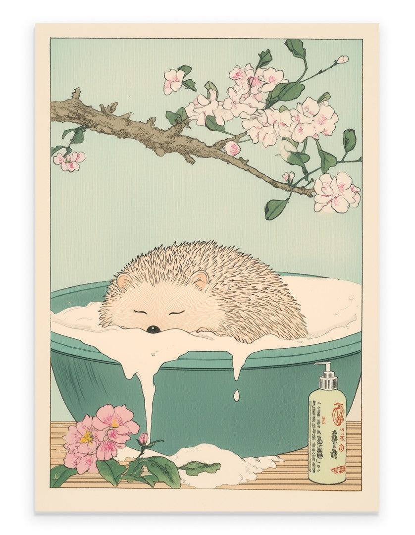 Hedgehog soaking in a Japanese floral bath with pastel petals and soft background