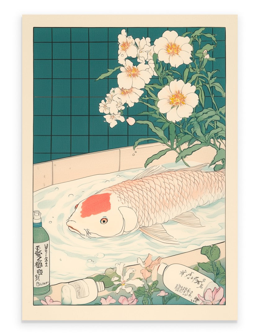 Koi carp swimming among flowers with soft colors and gentle flow