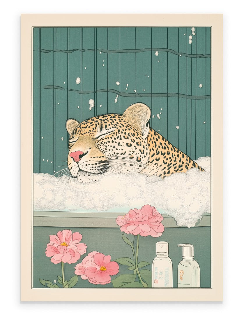 Leopard resting in a floral bath with soft tones and petals