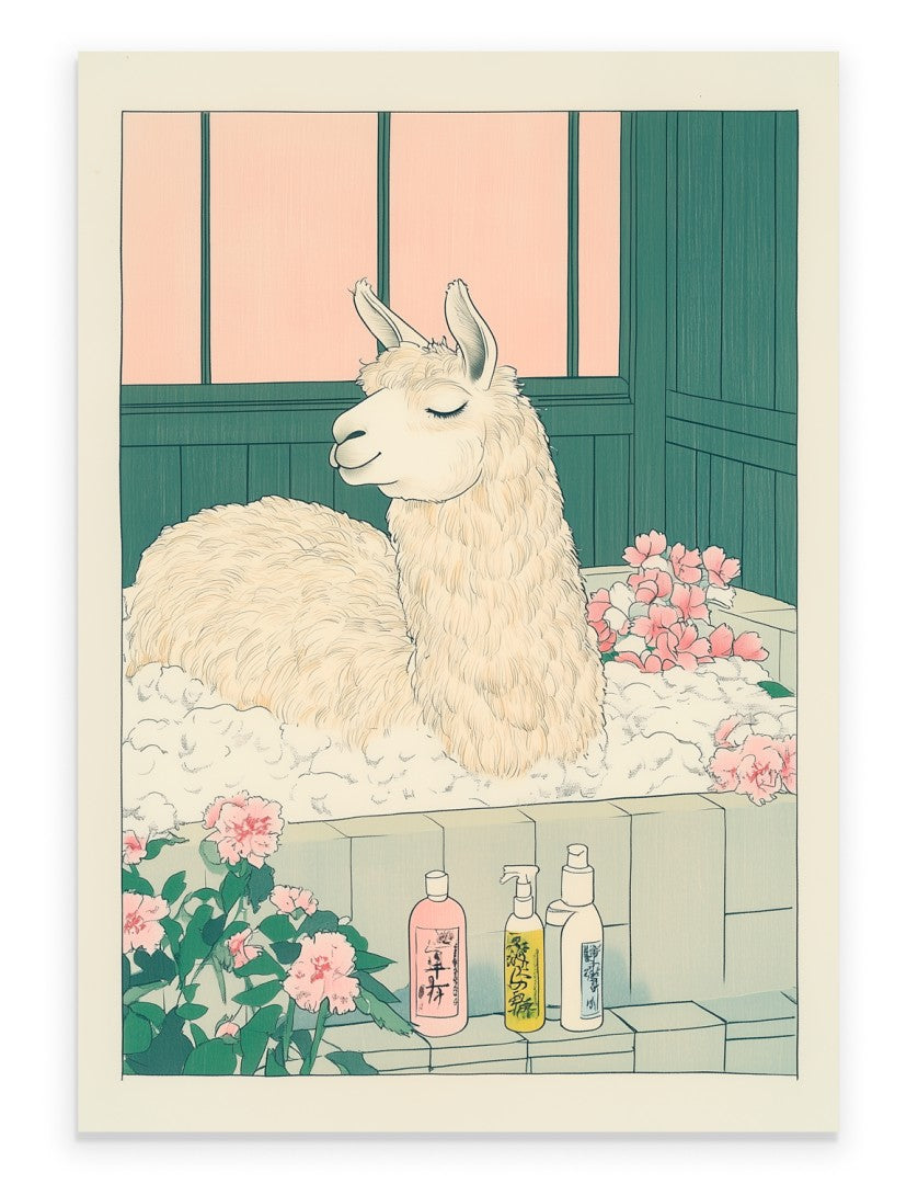 Llama relaxing in a flower bath with gentle tones and soft petals