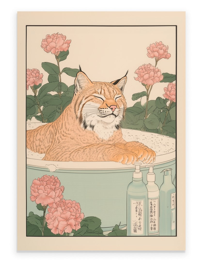 Lynx sitting in a floral bath with pastel blossoms and soft tones