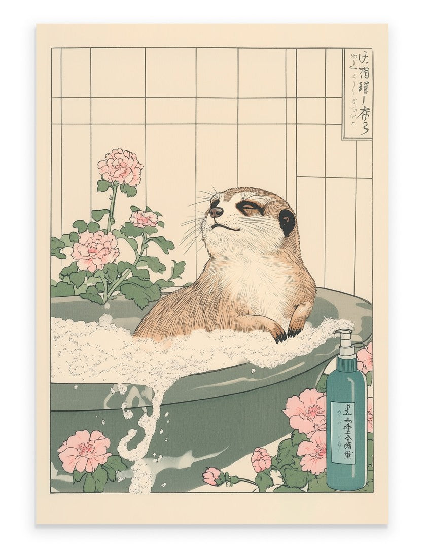 Meerkat sitting in a floral bath with pastel petals and soft colors