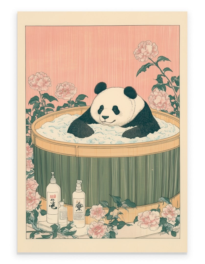 Panda in a floral bath with soft petals and gentle pastel background