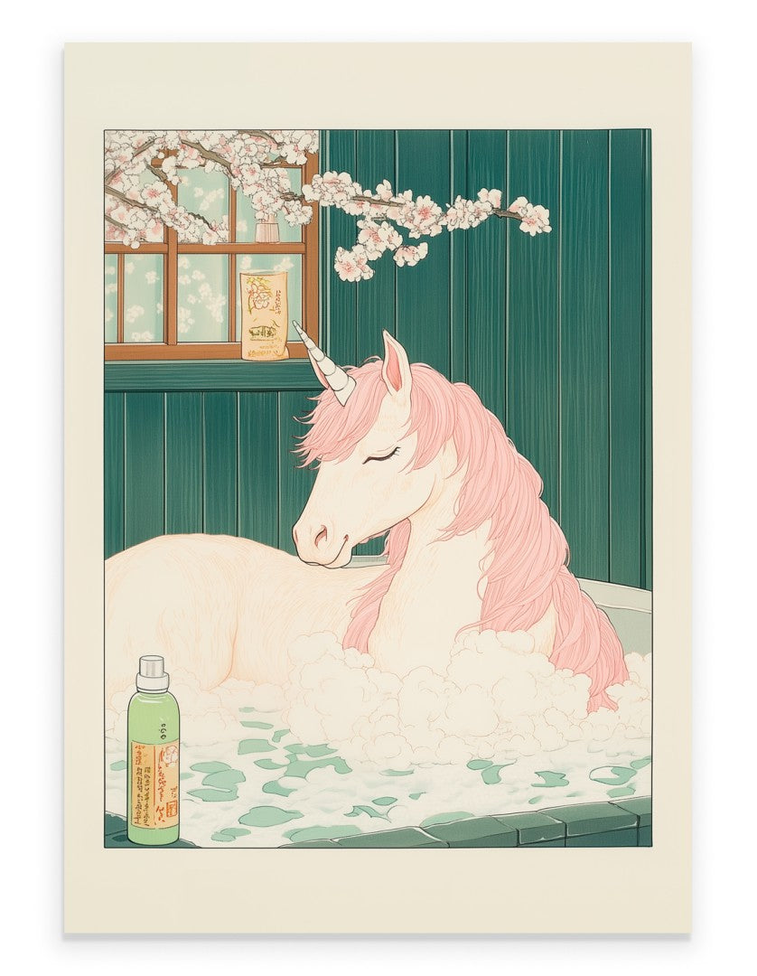 Unicorn in a pastel floral bath with soft petals and gentle light