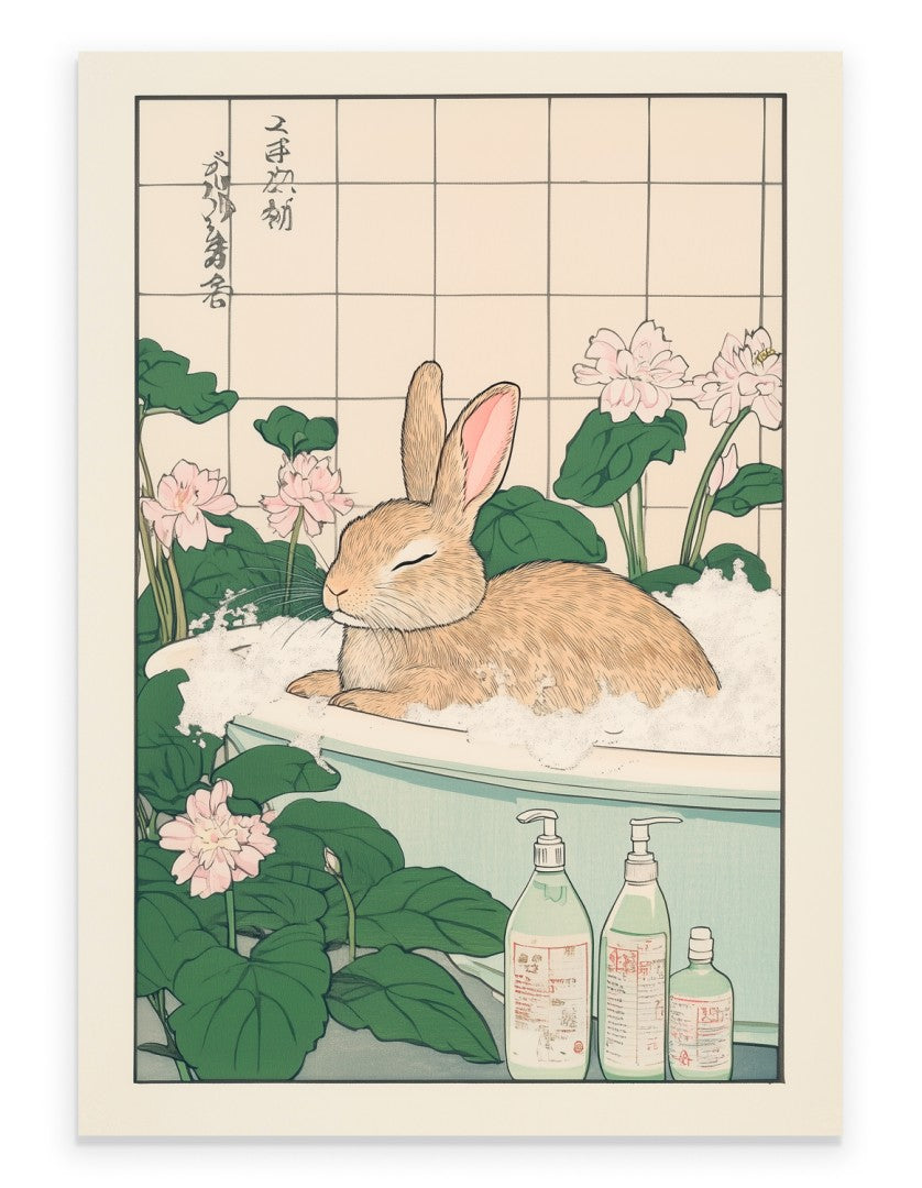 Art print of a bunny relaxing in a floral bubble bath with pink flowers