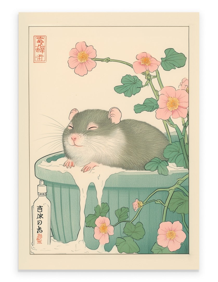 Art print of a rat soaking in a floral bath with gentle water and pink flowers