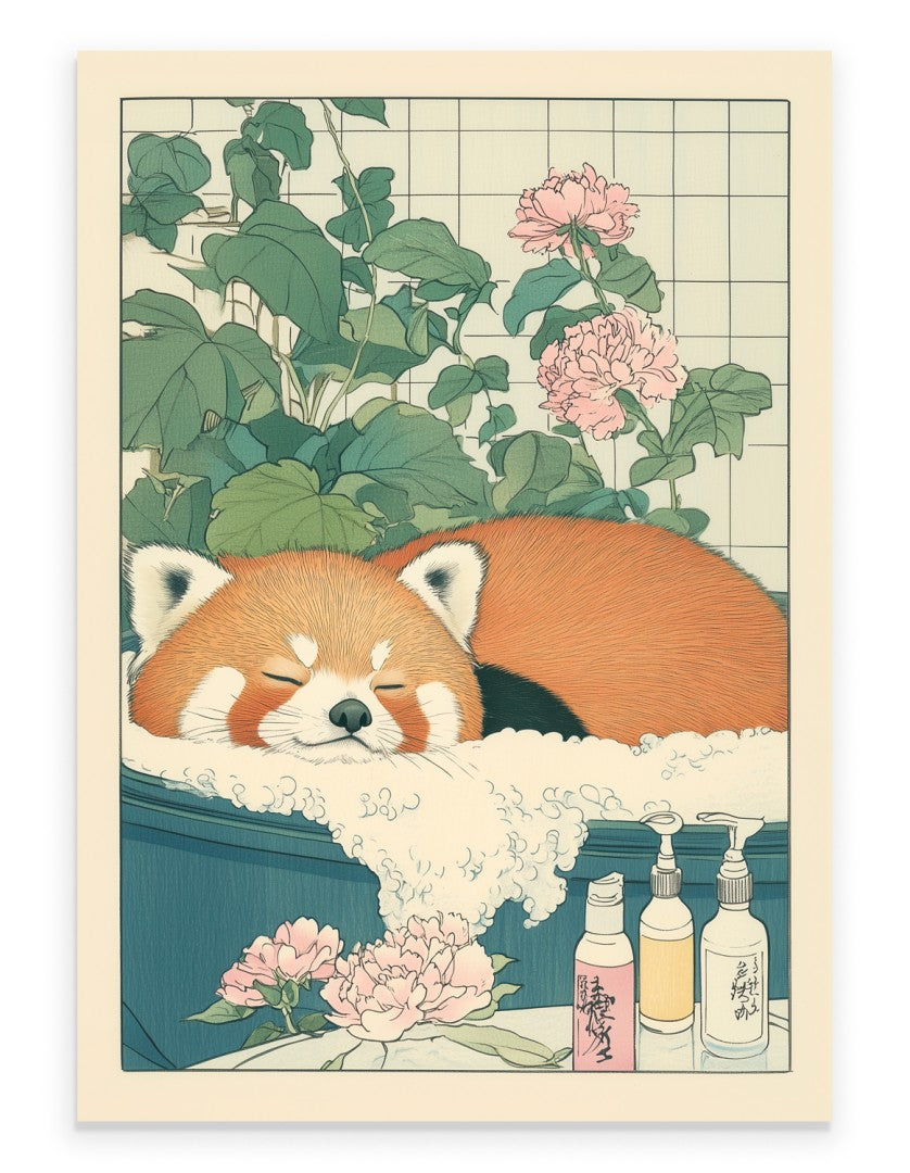Art print of a red panda soaking in a bubble bath with flowers and soap bottles