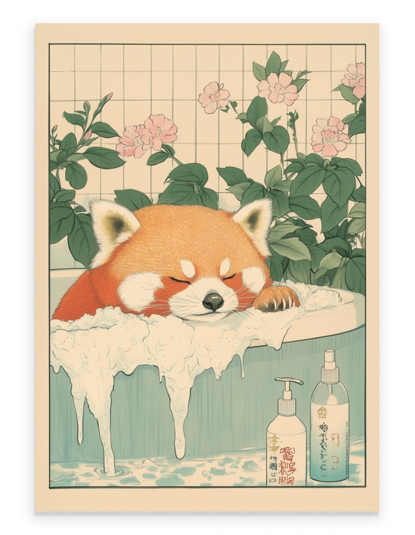 Art print of a red panda resting in a bubble bath with floral background