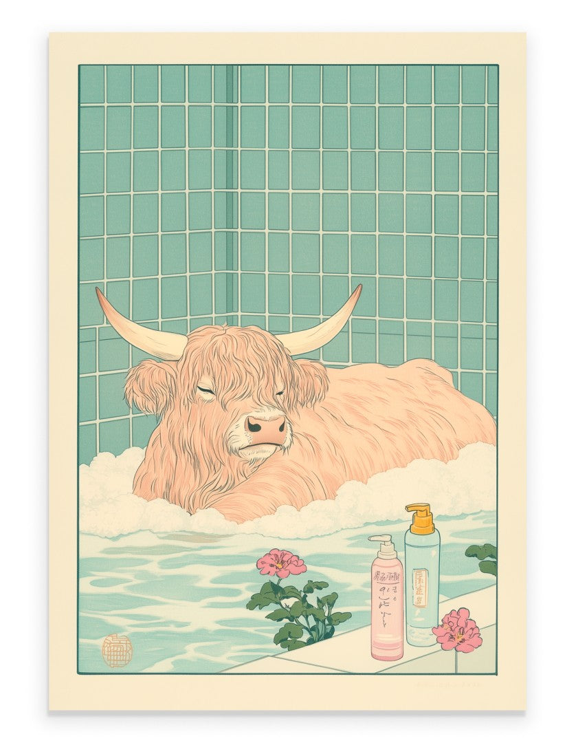 Art print of a highland cow soaking in a bubble bath with flowers and blue tiles