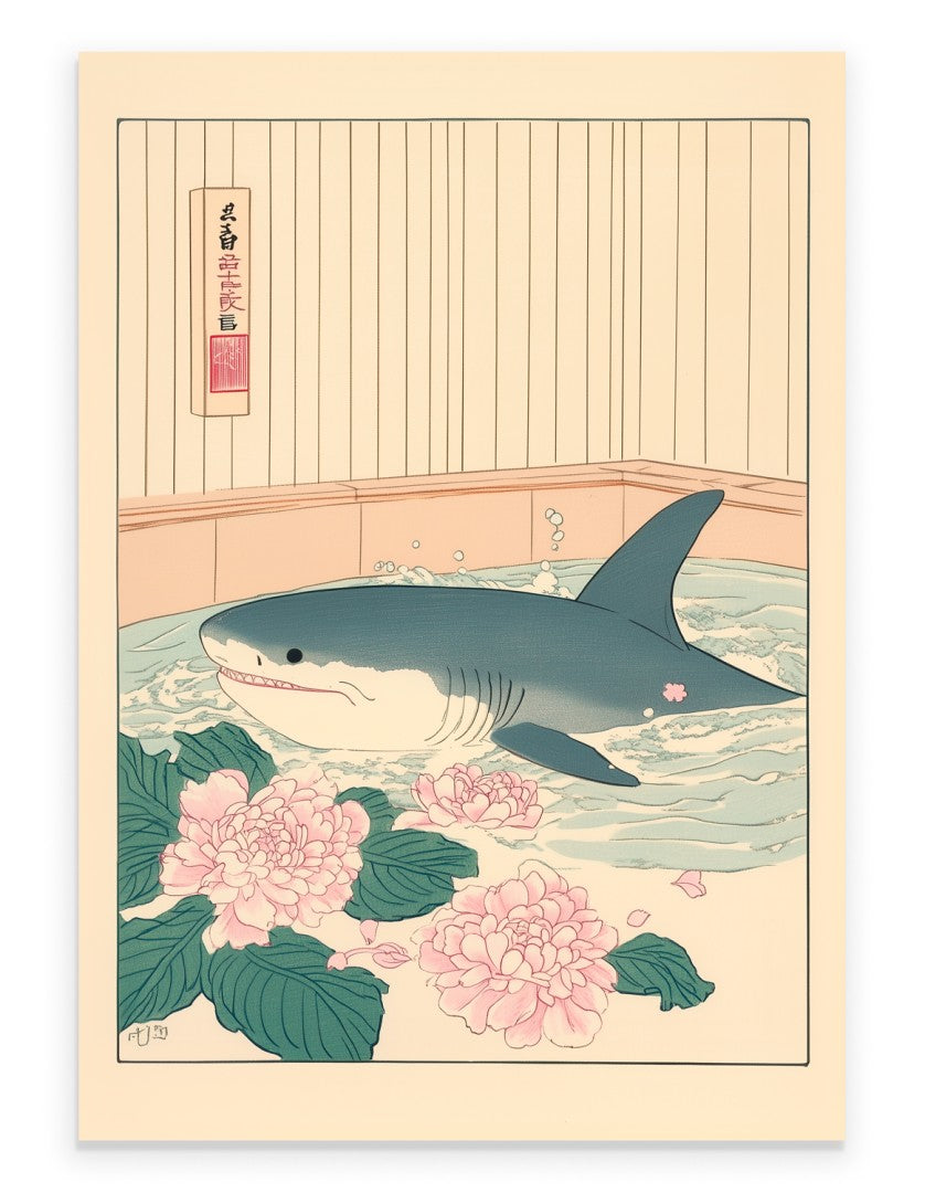 Art print of a shark bathing in a floral tub with Japanese-style pink flowers
