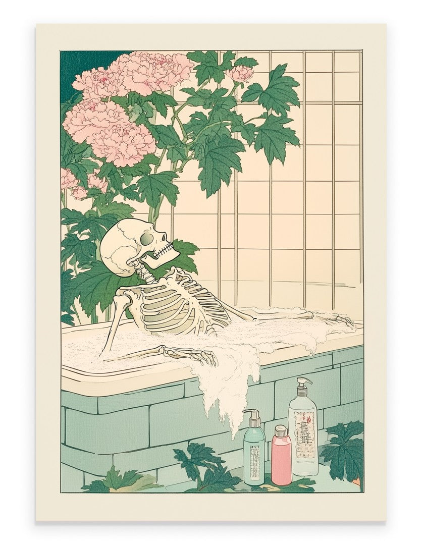 Art print of a skeleton lounging in a bubble bath with peonies