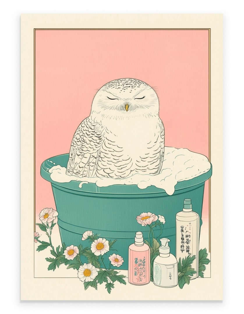 Snowy owl resting in a floral Japanese bath with steam and soft petals