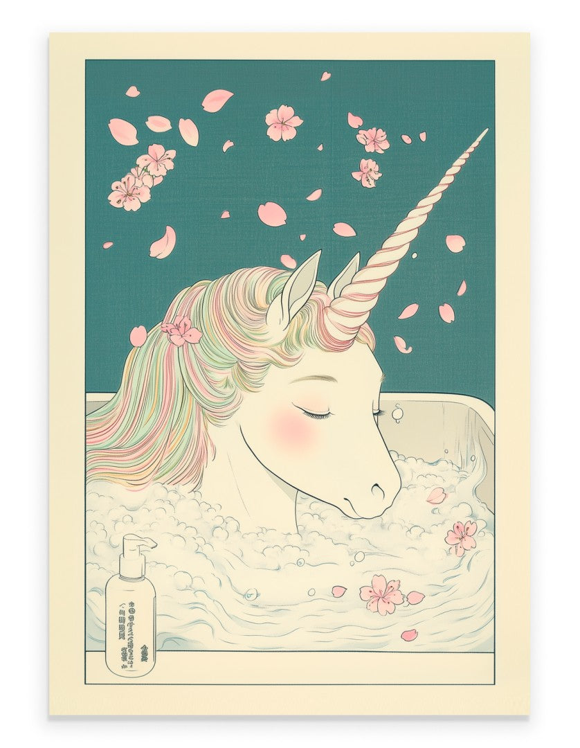 Unicorn relaxing in a flower-filled bathtub - A print for bathroom
