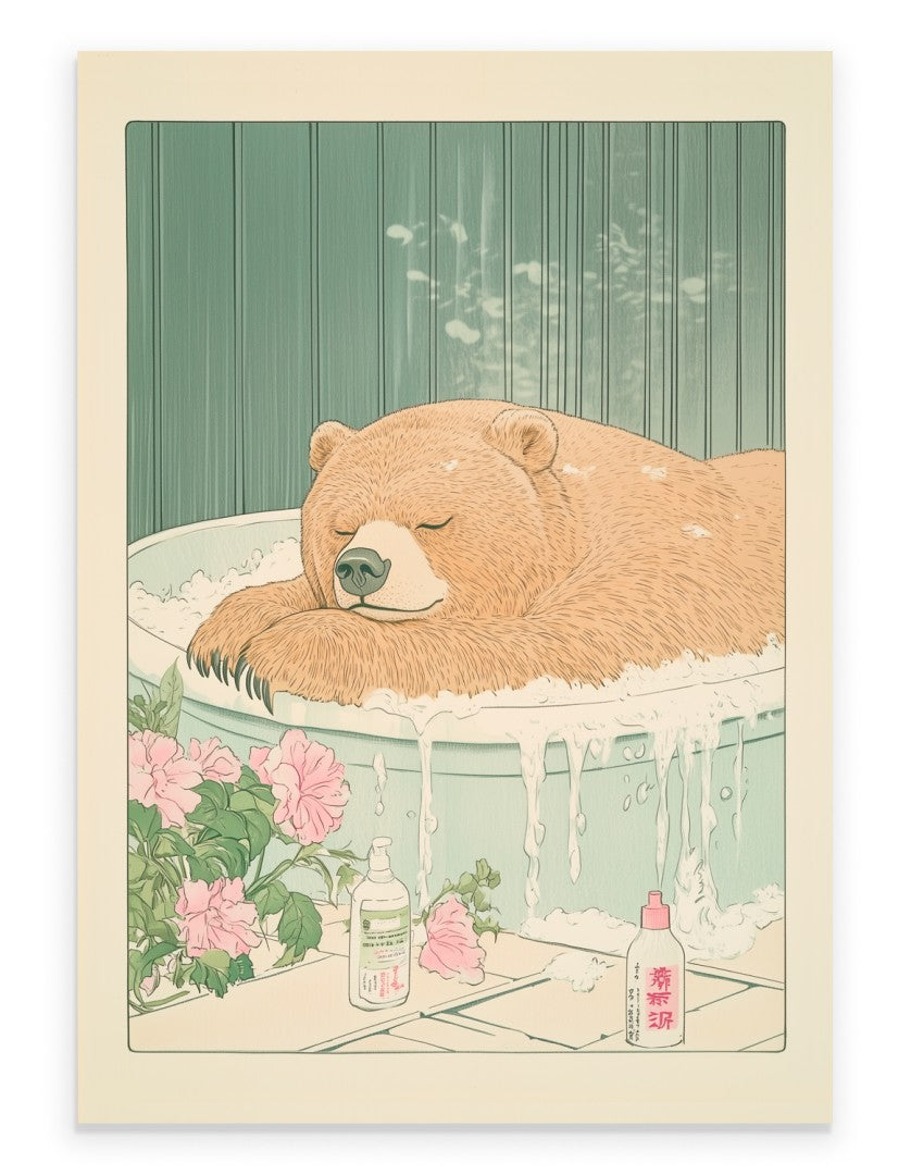 Japanese-style art print of a grizzly bear resting in a bubbling bath