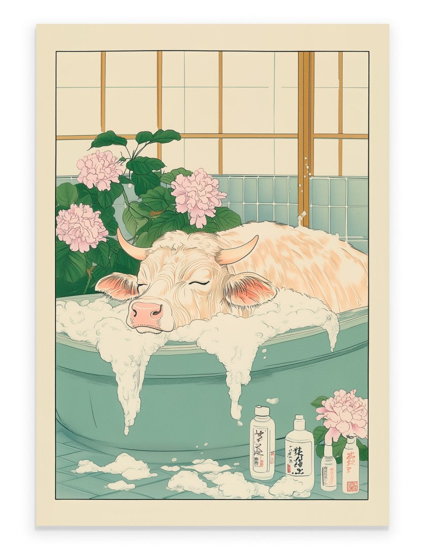Art print of a cow soaking peacefully in a foamy bath with pink flowers