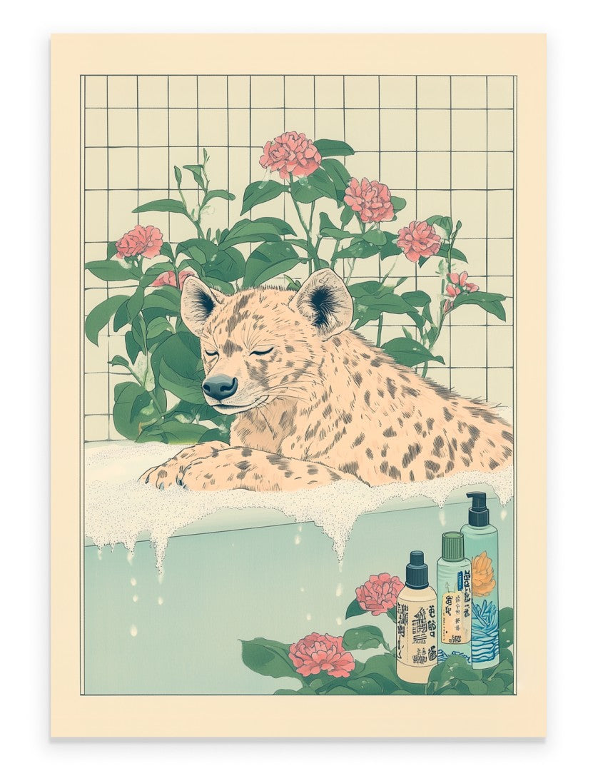 Art print of a hyena relaxing in a bubble bath surrounded by pink flowers